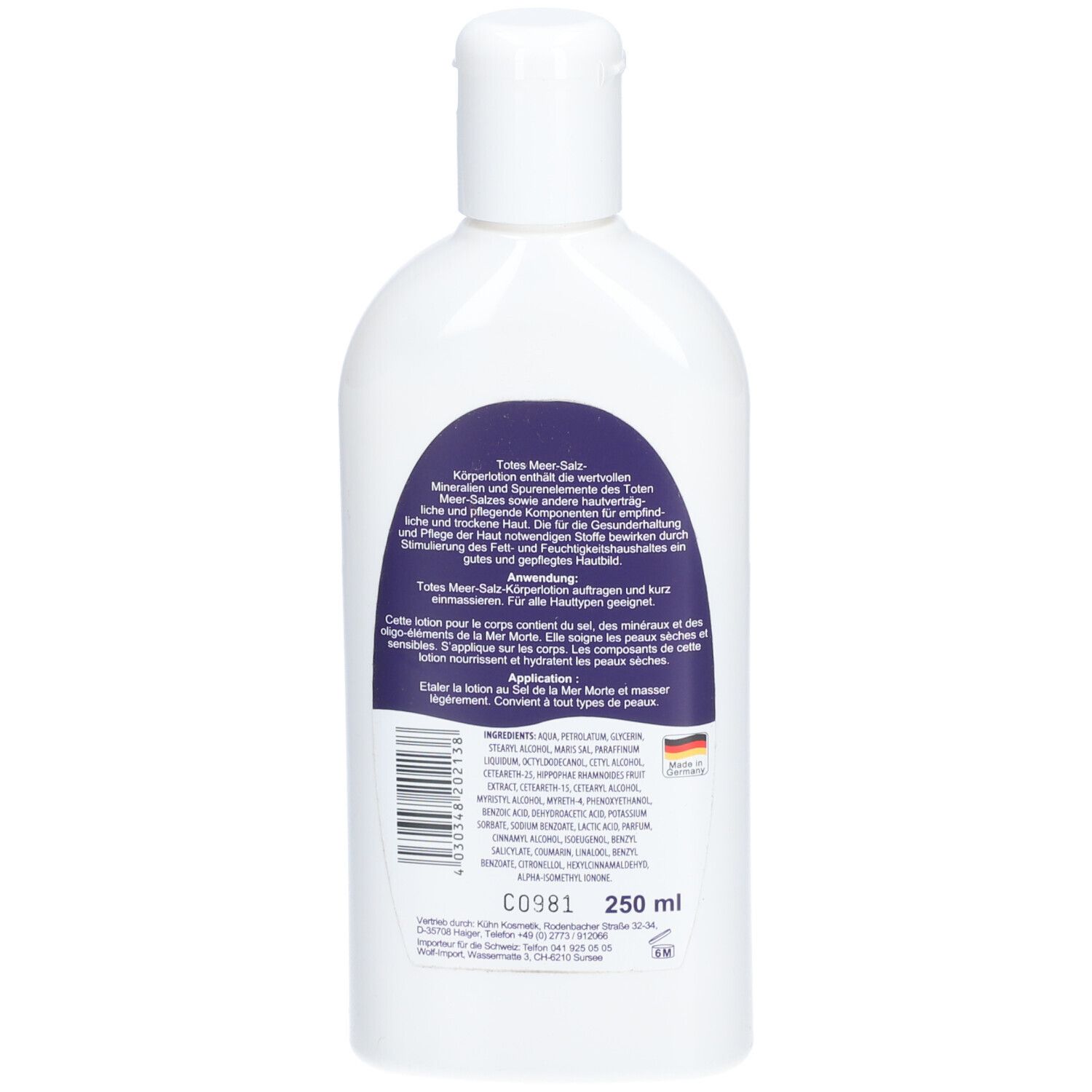 Achterkant van een witte fles. Tekst in het Duits en Frans. Ingrediënten en gebruiksaanwijzing.
