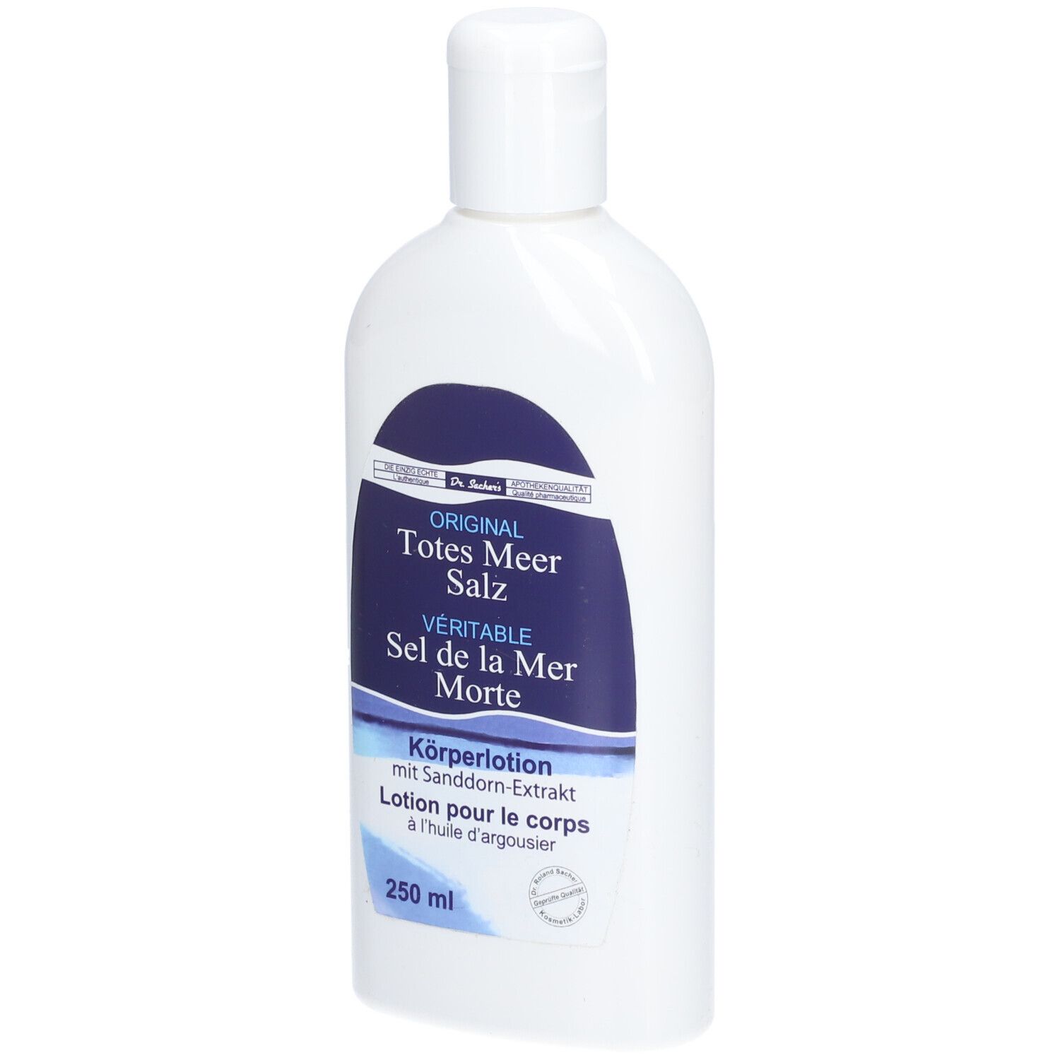 Witte fles met blauw etiket. Opschrift: ORIGINAL Totes Meer Salz, bodylotion. 250 ml.