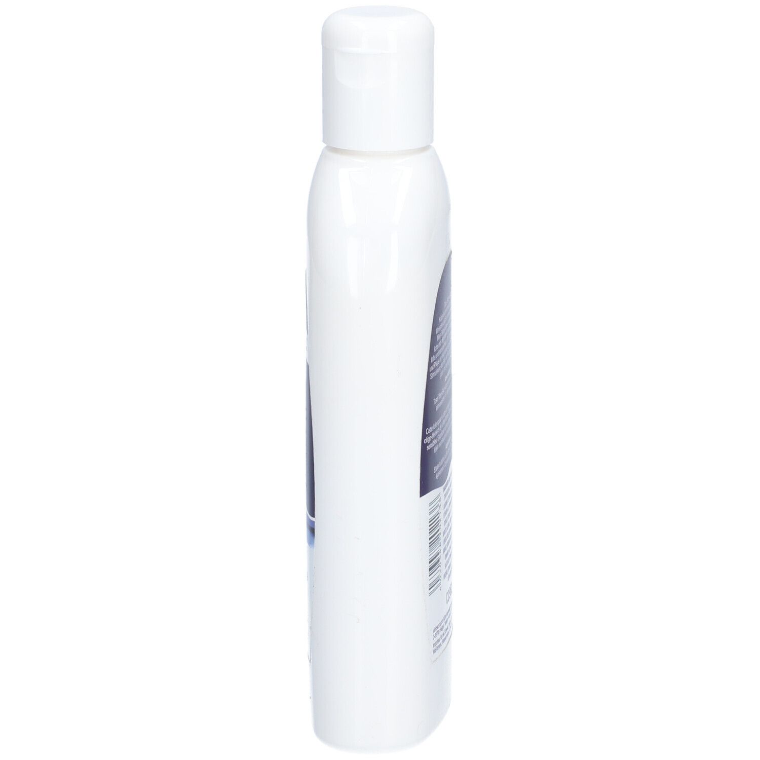 Witte fles met klapdeksel. Zijaanzicht met blauw etiket. Productnaam gedeeltelijk zichtbaar.