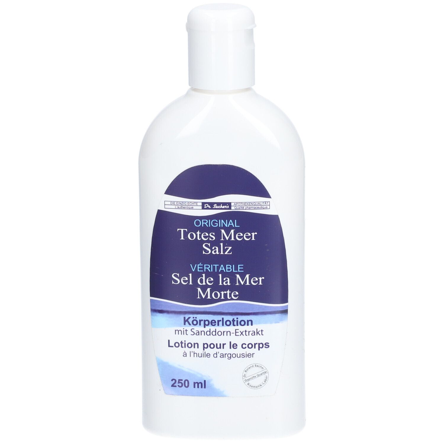 Witte fles met blauw etiket. Opschrift: ORIGINAL Totes Meer Salz, bodylotion. 250 ml.