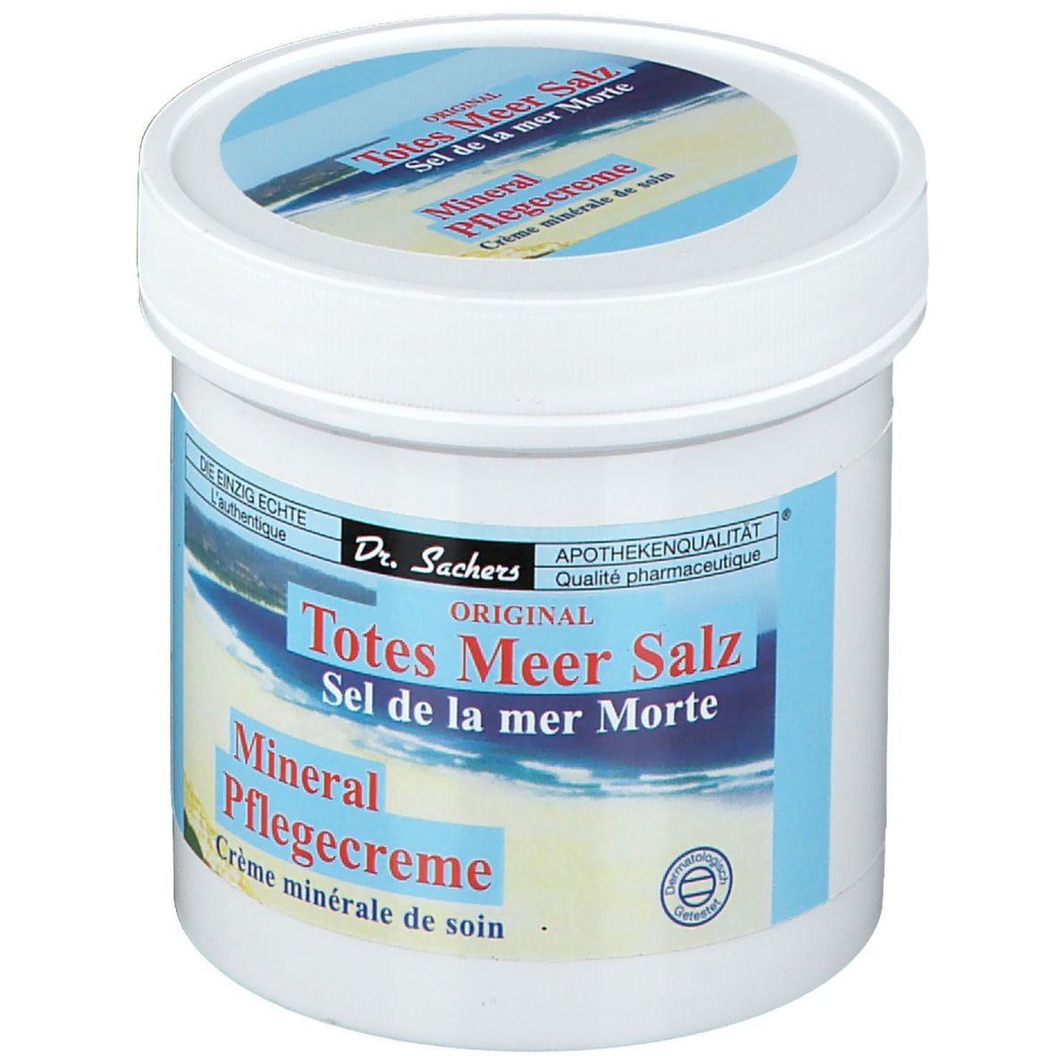 Witte pot met blauw-wit etiket. Opschrift: Dr. Sachers ORIGINAL Totes Meer Salz Pflegecreme. Apotheekkwaliteit.