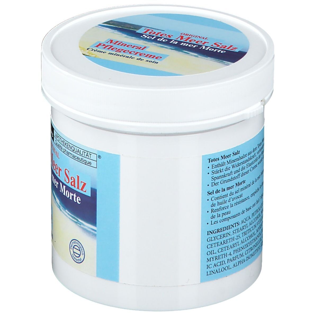 Witte pot met blauw-wit etiket. Tekst: Dode Zeezout, ingrediënten, apotheekkwaliteit. Achterkant met tekst.