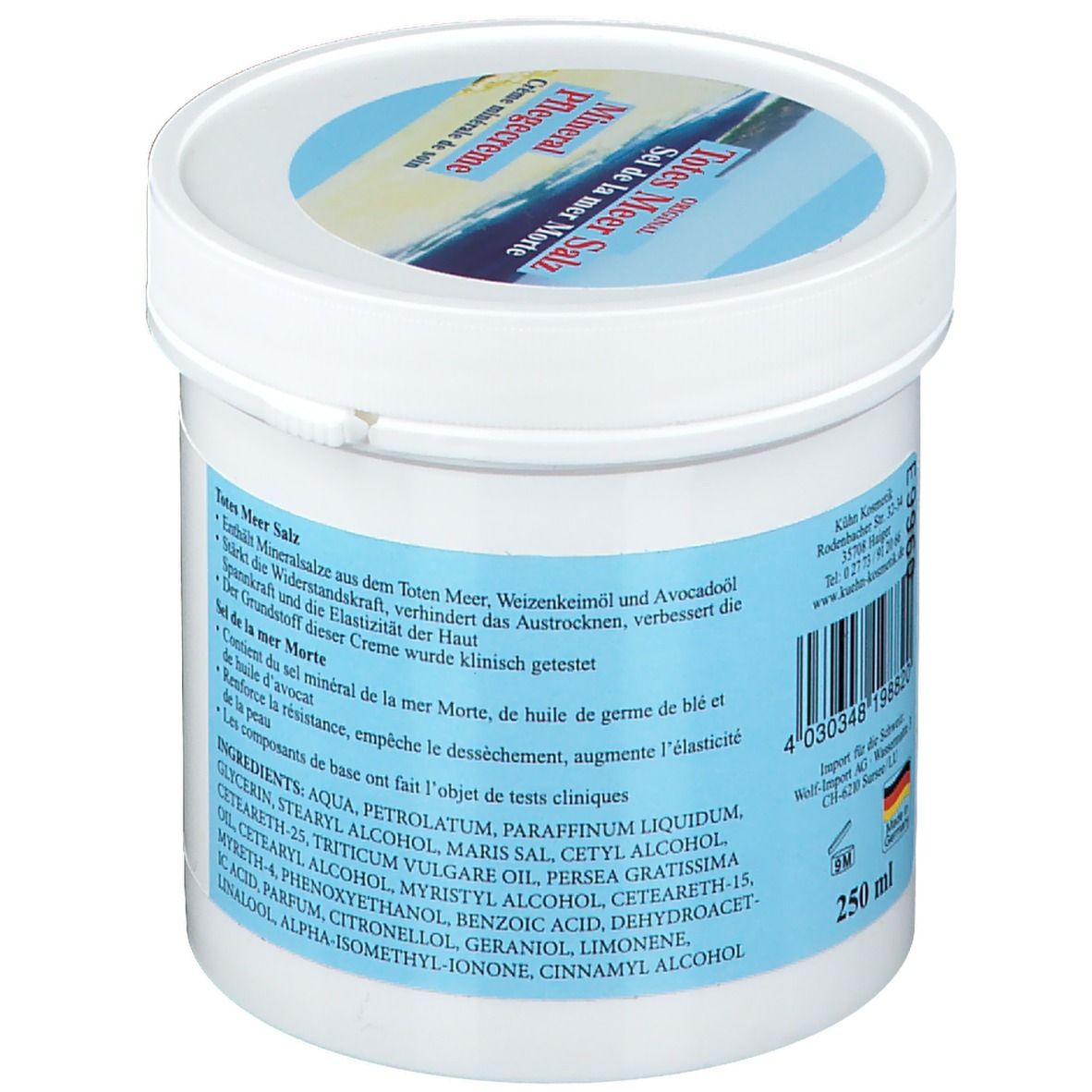 Witte pot met blauw-wit etiket. Tekst: Ingrediënten, 250 ml, klinisch getest. Achterkant met tekst en barcode.