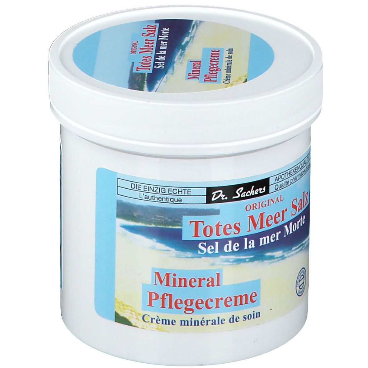 Witte pot met blauw-wit etiket. Opschrift: Dr. Sachers ORIGINAL Totes Meer Salz Pflegecreme. Apotheekkwaliteit.