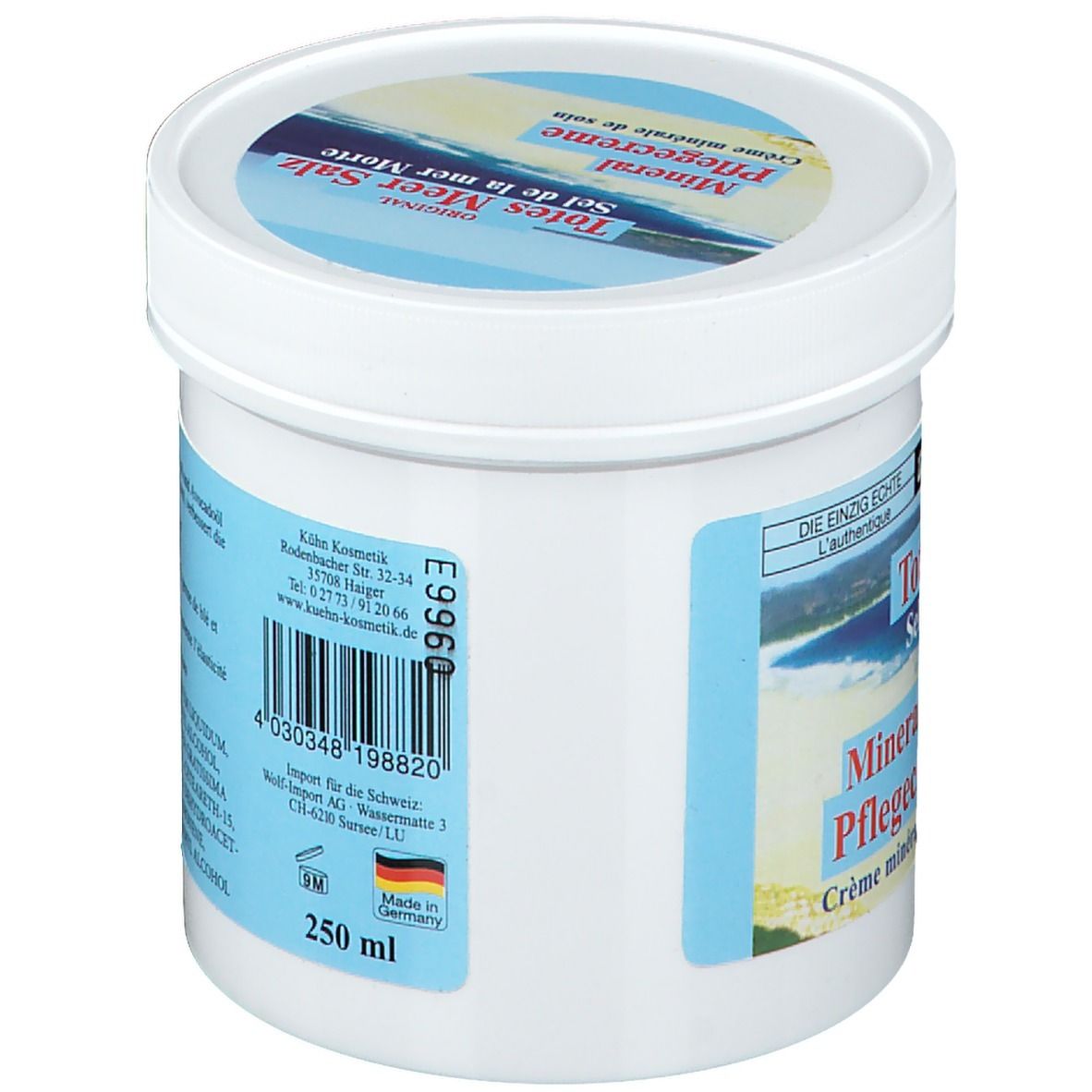 Witte pot met blauw-wit etiket. Tekst: 250 ml, Made in Germany, importeur. Achterkant met tekst en barcode.