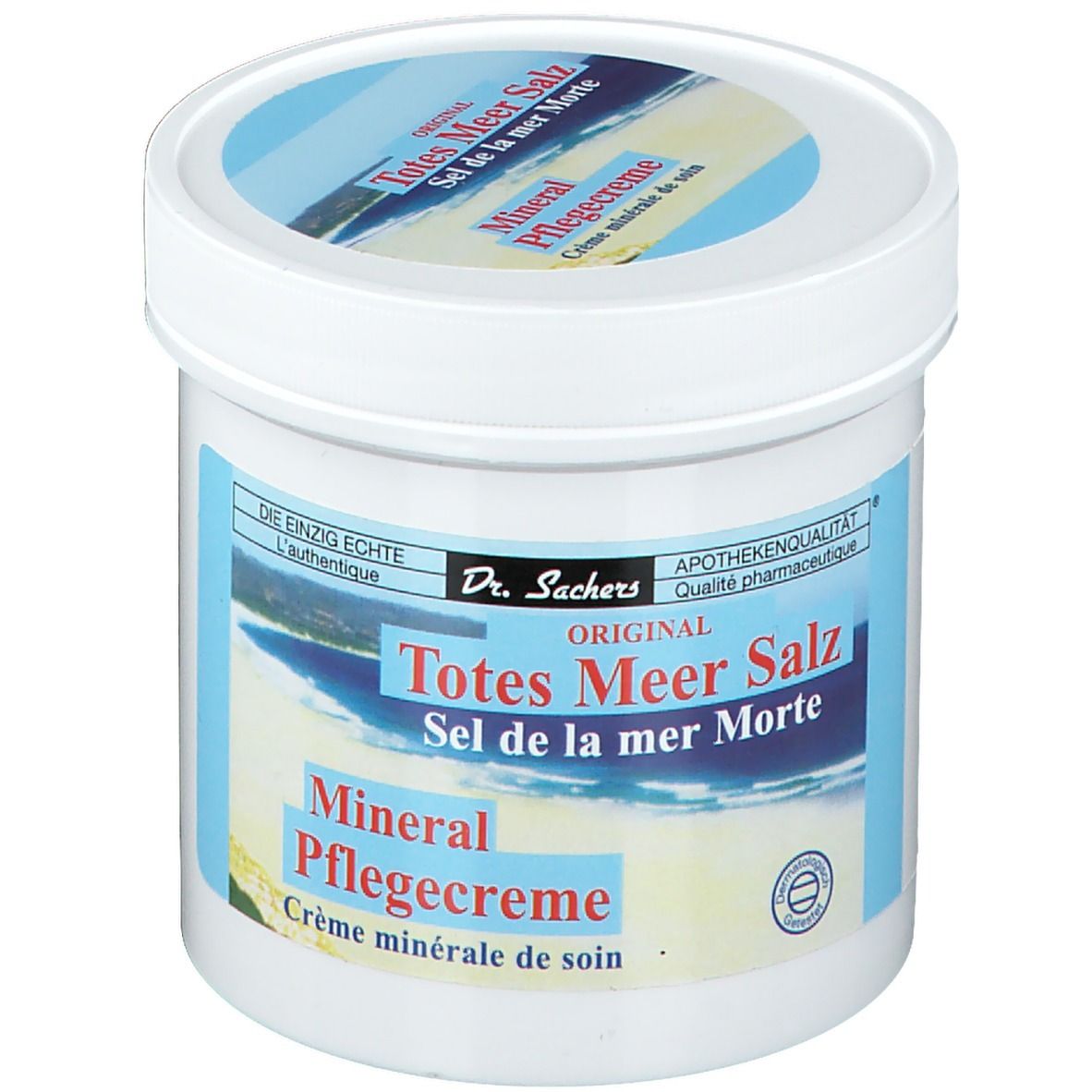 Witte pot met blauw-wit etiket. Opschrift: Dr. Sachers ORIGINAL Totes Meer Salz Pflegecreme. Apotheekkwaliteit.
