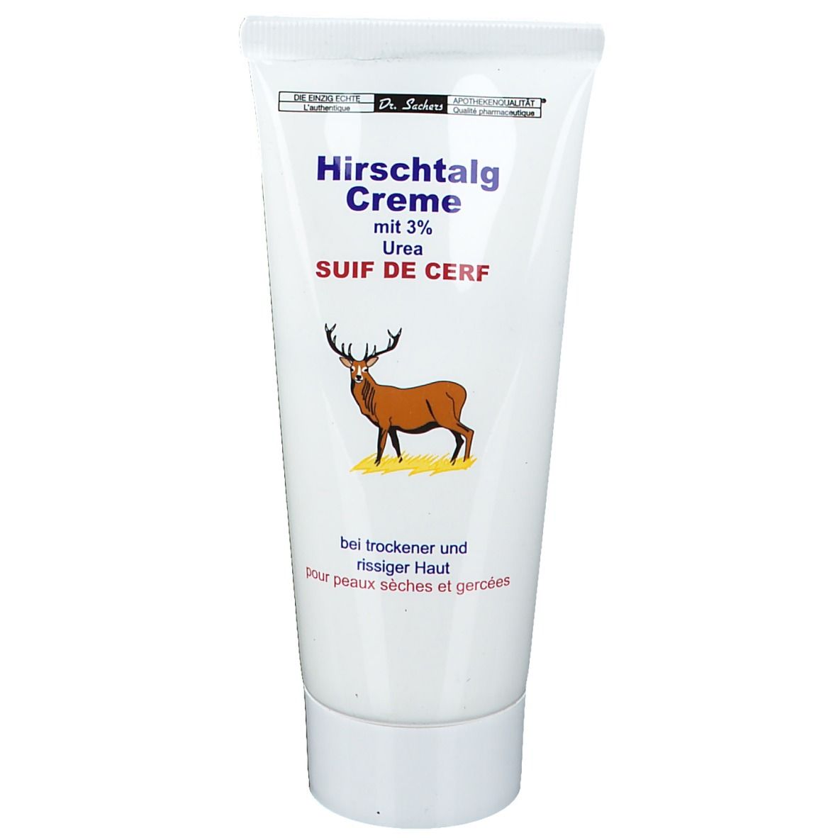 Witte tube Hirschtalg Creme, 3% ureum. Rood hert-logo. Tekst: "voor droge en ruwe huid".