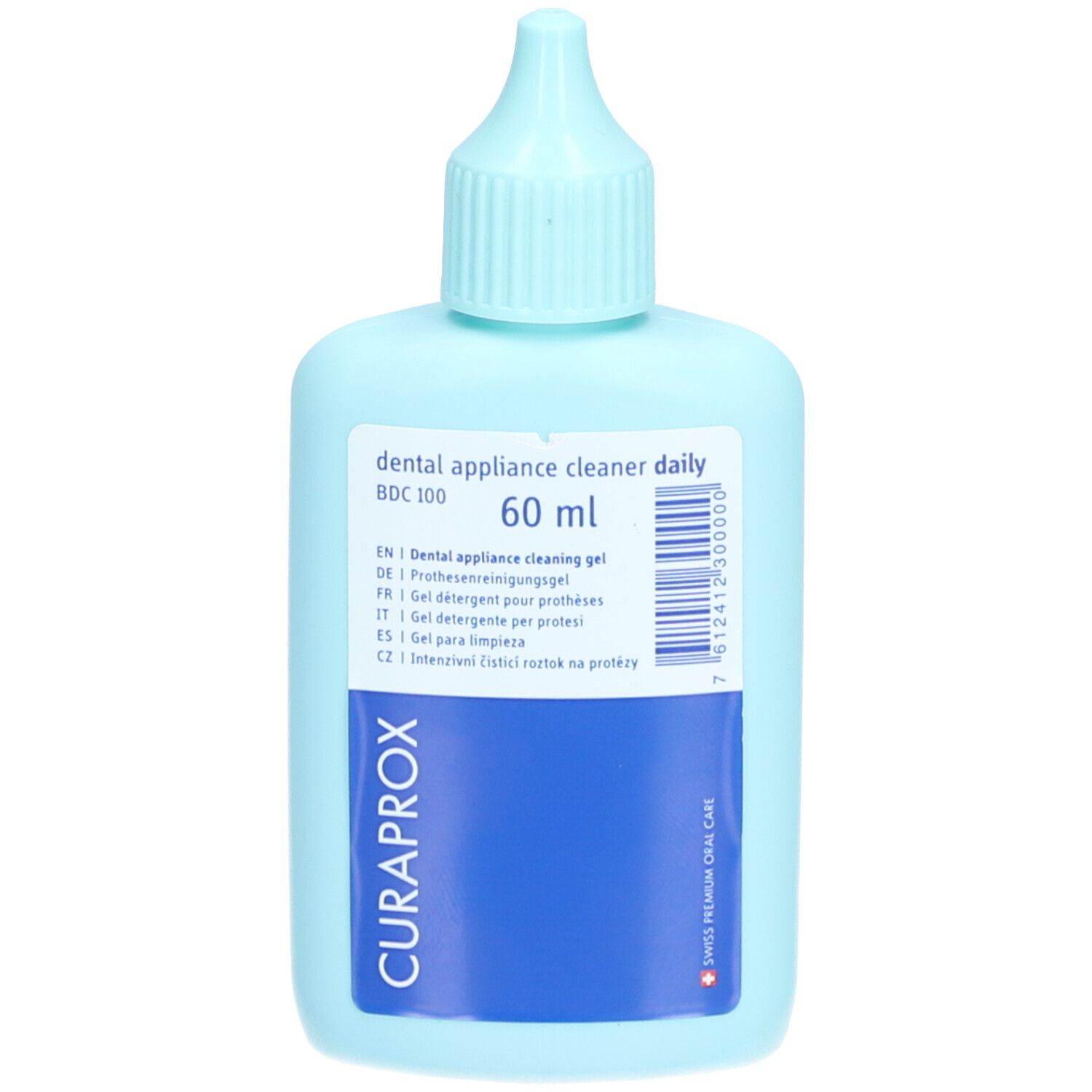 Lichtblauwe fles met doseerdop. Etiket met productinformatie en "CURAPROX"-logo.