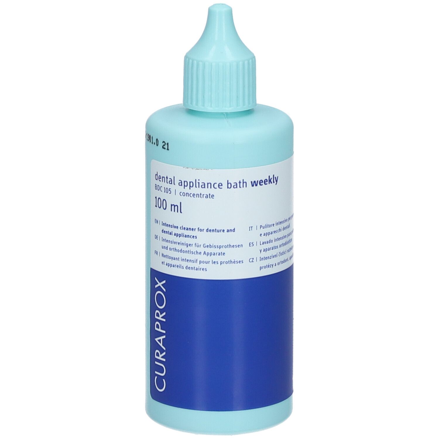 Flacon bleu clair avec bouchon doseur. Inscription : dental appliance bath weekly, 100 ml, CURAPROX.