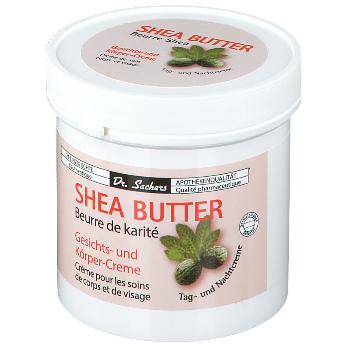 Pot blanc avec couvercle. Étiquette avec nom du produit et logo. Texte: Crème visage et corps. Qualité pharmacie.