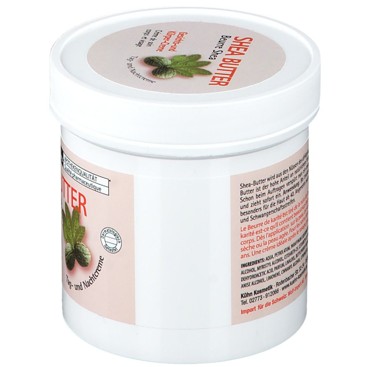 Pot blanc, vue latérale. Étiquette avec informations sur le produit et ingrédients. Texte: Beurre de karité. Qualité pharmacie.