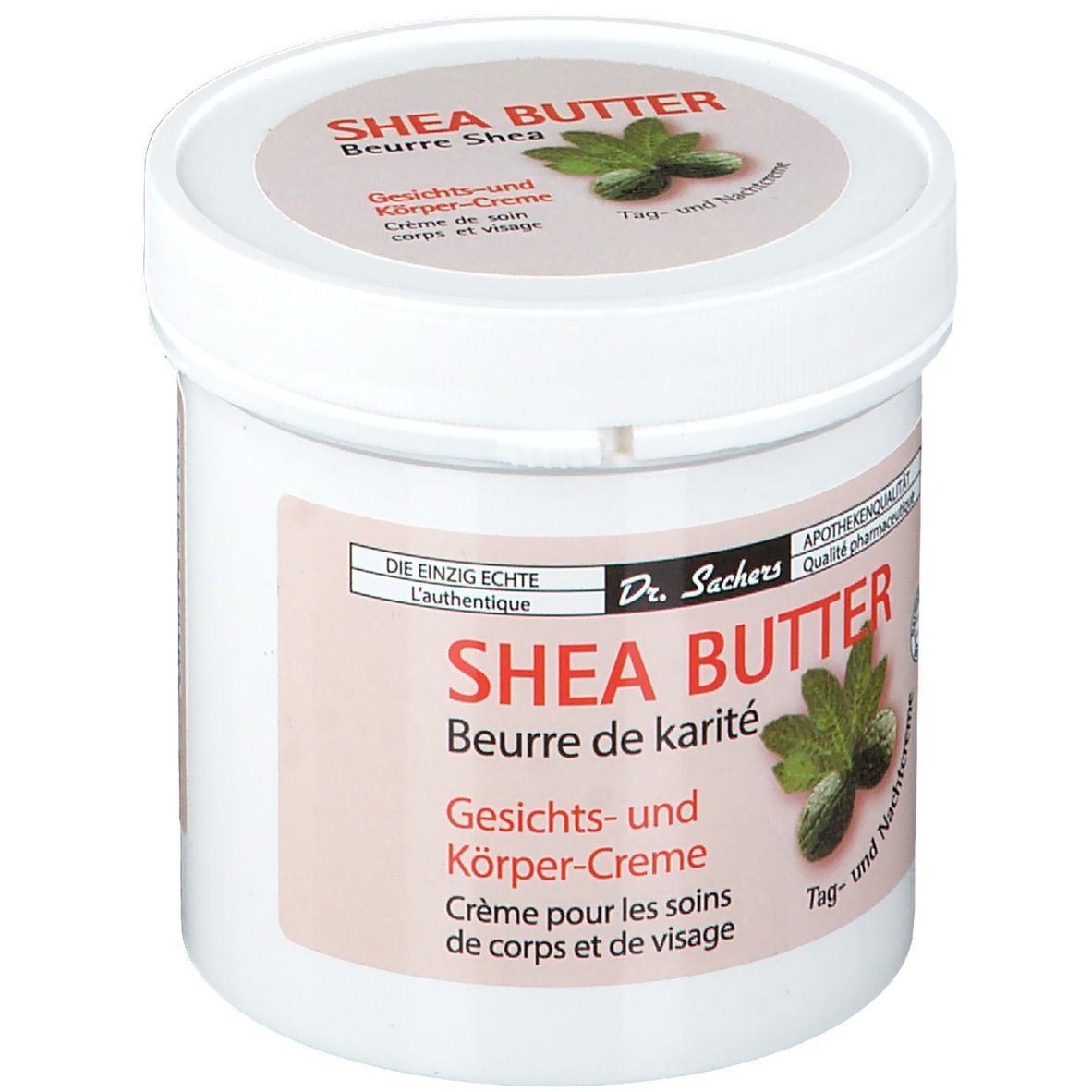 Pot blanc avec couvercle. Étiquette avec nom du produit et logo. Texte: Crème visage et corps. Qualité pharmacie.