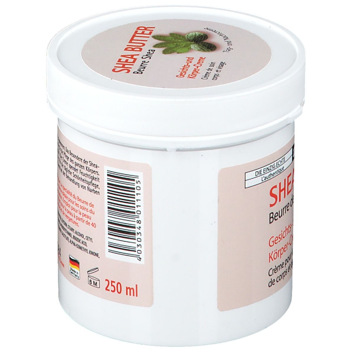 Pot blanc, vue latérale. Texte: Beurre de karité. Ingrédients et informations fabricant. 250 ml. Fabriqué en Allemagne.