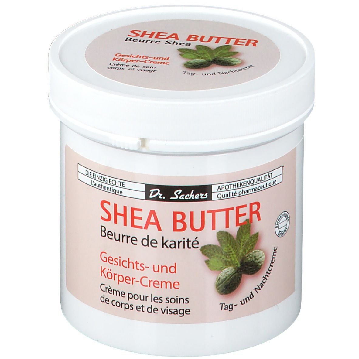 Pot blanc avec couvercle. Étiquette avec nom du produit et logo. Texte: Crème visage et corps. Qualité pharmacie.