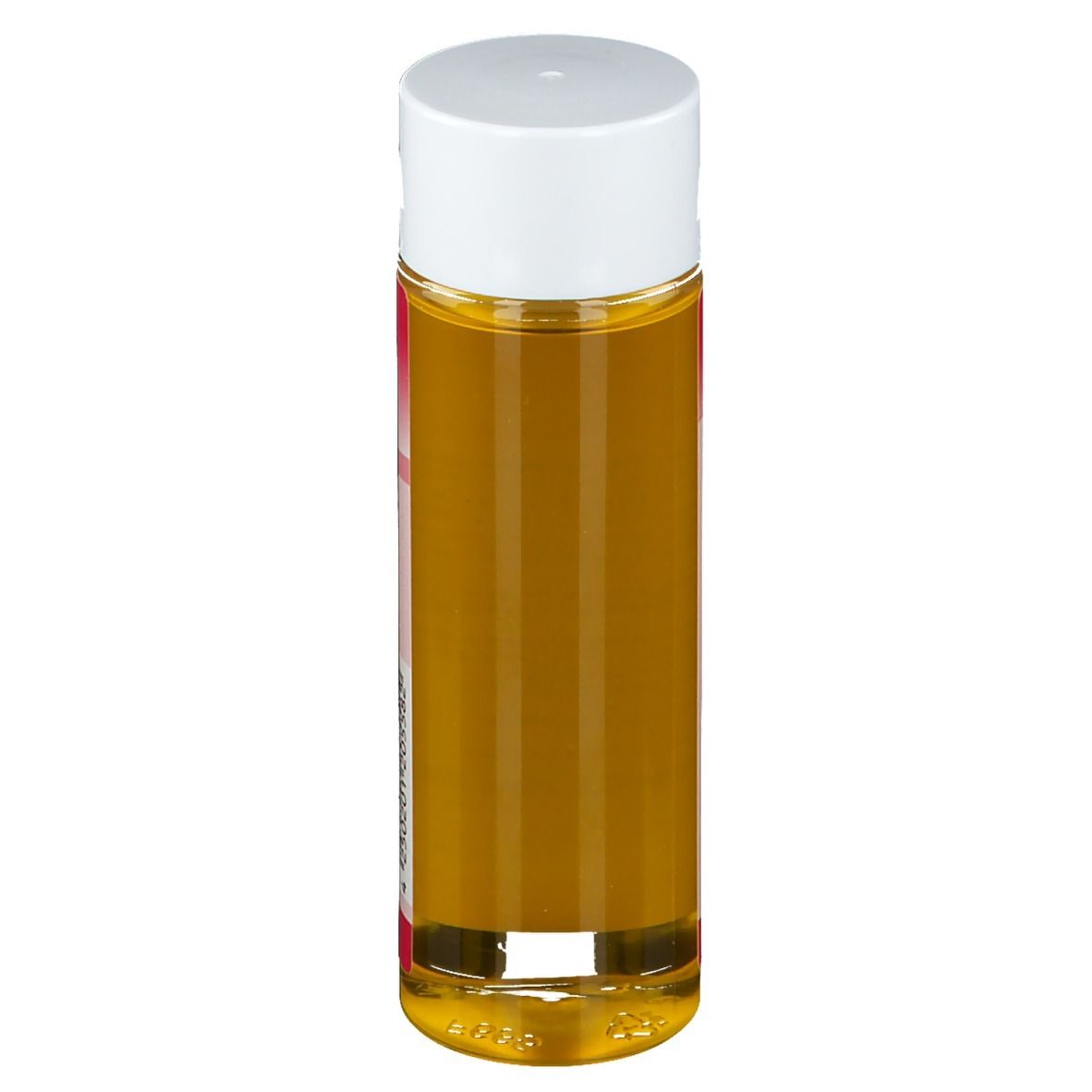 Flacon d'huile de jojoba, vue latérale. Flacon transparent avec liquide jaunâtre. Bouchon blanc.