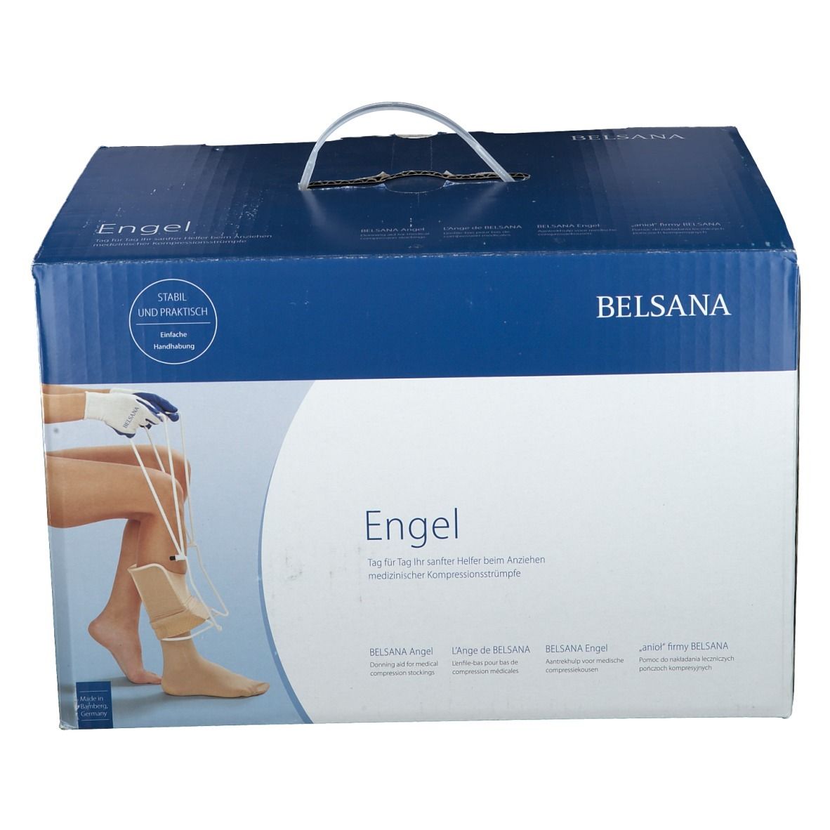 Aide à enfiler les bas de contention Belsana Engel sur emballage carton.