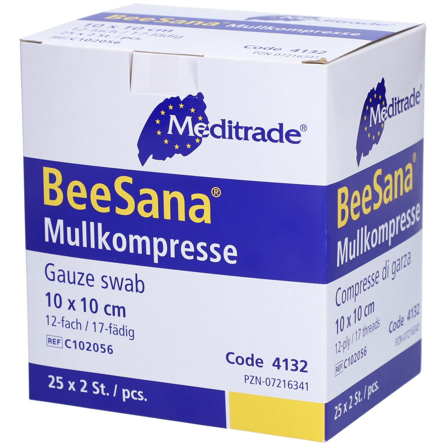 Meditrade BeeSana gaascompres, 10 x 10 cm, 12-laags/17-draads. Verpakking met 25 x 2 stuks.
