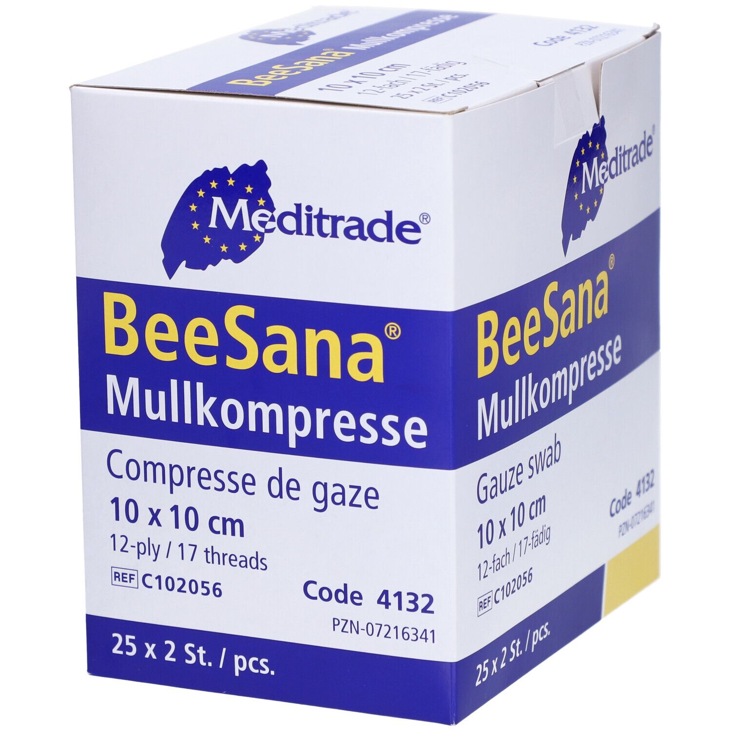 Meditrade BeeSana gaascompres, 10 x 10 cm, 12-laags/17-draads. Verpakking met 25 x 2 stuks.