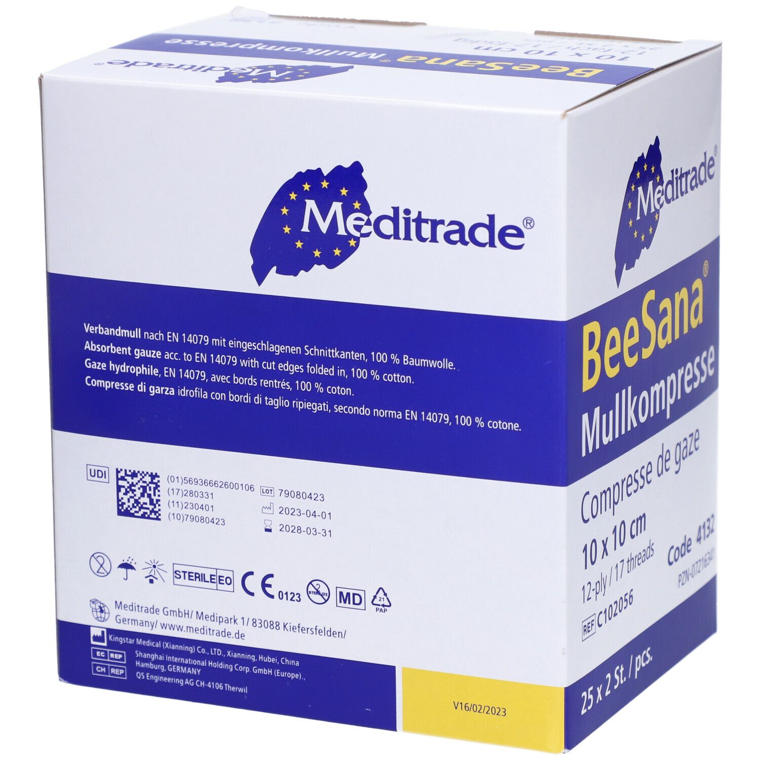 Meditrade BeeSana gaascompres, 10 x 10 cm, 12-laags/17-draads. Verpakking met 25 x 2 stuks. CE-markering.