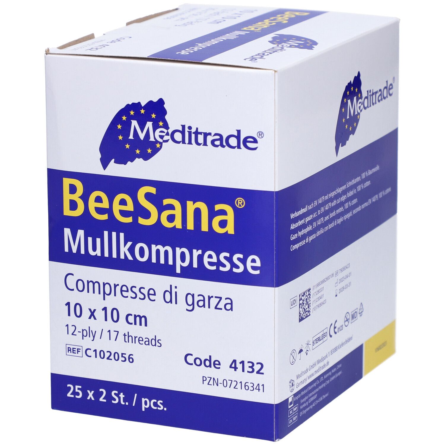 Meditrade BeeSana gaascompres, 10 x 10 cm, 12-laags/17-draads. Verpakking met 25 x 2 stuks.