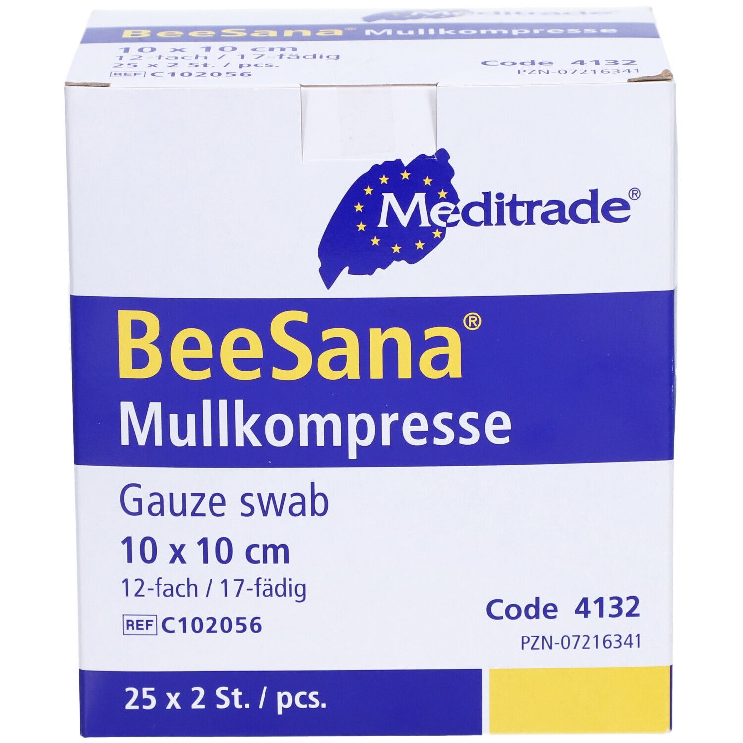 Meditrade BeeSana gaascompres, 10 x 10 cm, 12-laags/17-draads. Verpakking met 25 x 2 stuks.