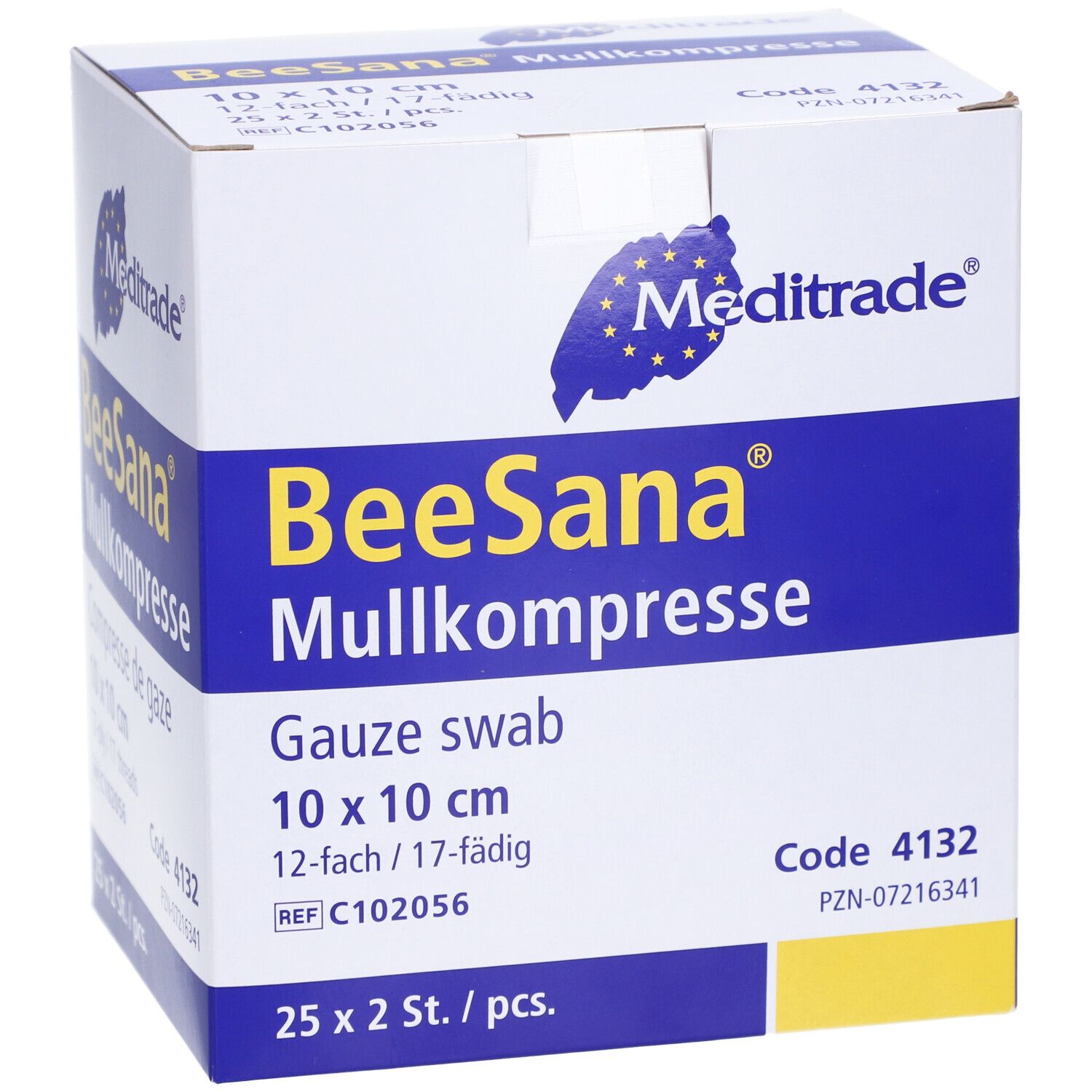 Meditrade BeeSana gaascompres, 10 x 10 cm, 12-laags/17-draads. Verpakking met 25 x 2 stuks.