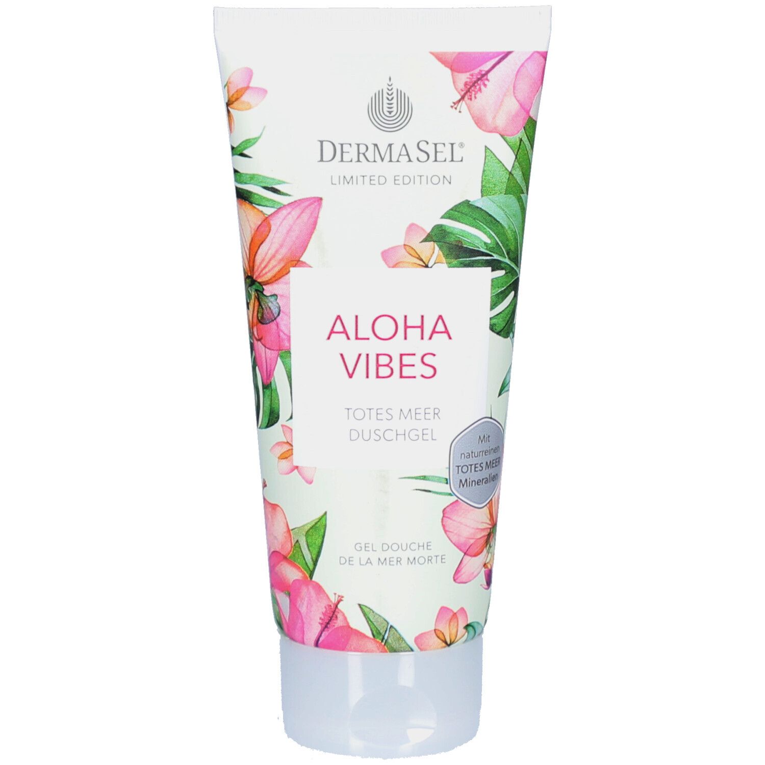 Tube blanche et rose avec motif floral et texte "Aloha Vibes". Marque: DERMASEL. "Totes Meer Duschgel".