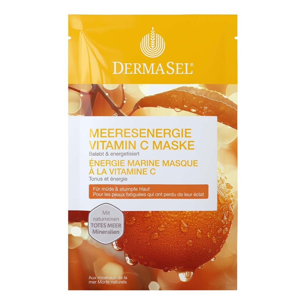 Gele verpakking met productinformatie. Tekst: DERMASEL, Meeresenergie Vitamine C Masker. Met Dode Zee mineralen.