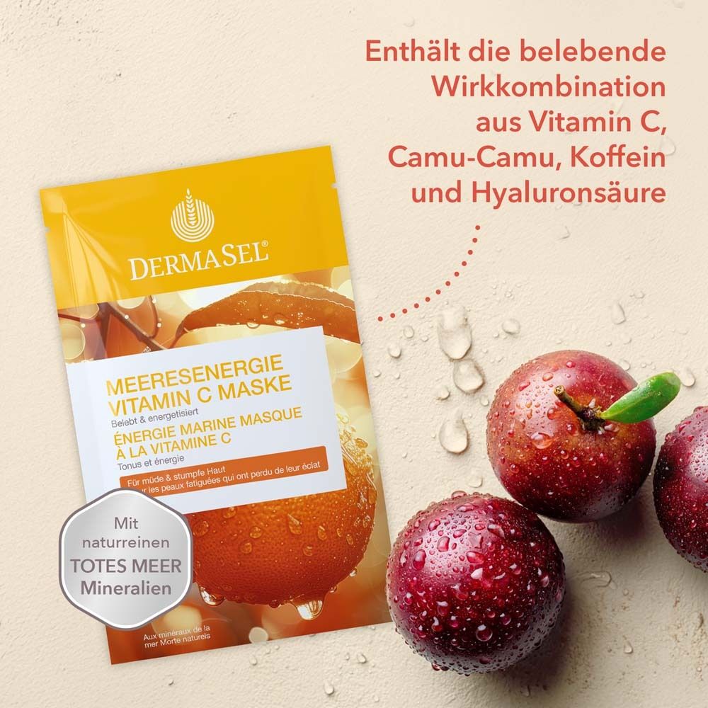Productverpakking naast rode vruchten. Tekst: Meeresenergie Vitamine C Masker. Bevat Vitamine C, Camu-Camu, cafeïne en hyaluronzuur.