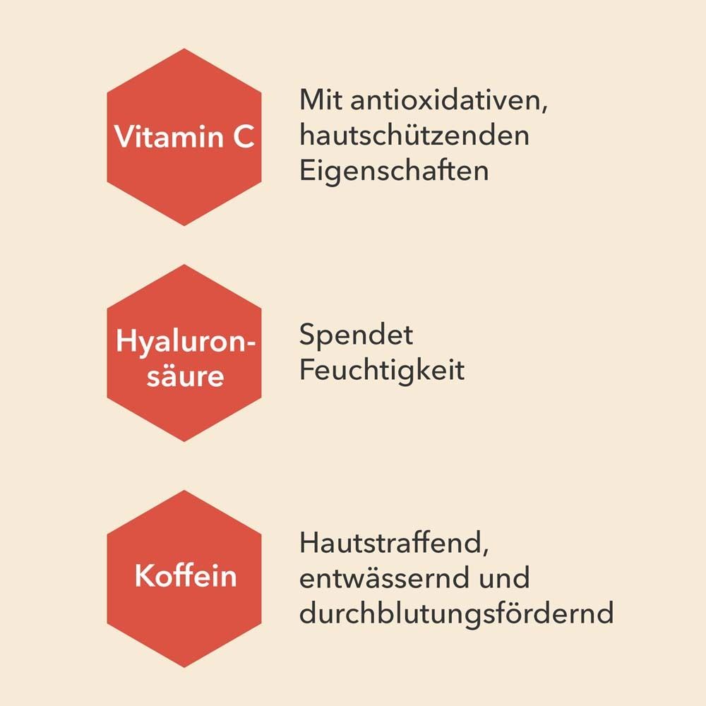 Drie rode zeshoeken met tekst. Vitamine C, Hyaluronzuur, Cafeïne. Beschrijvingen van de eigenschappen.