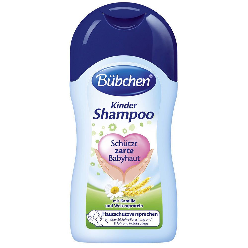Bouteille de shampooing Bubchen Kinder avec bouchon bleu. Contient de la camomille et des protéines de blé.