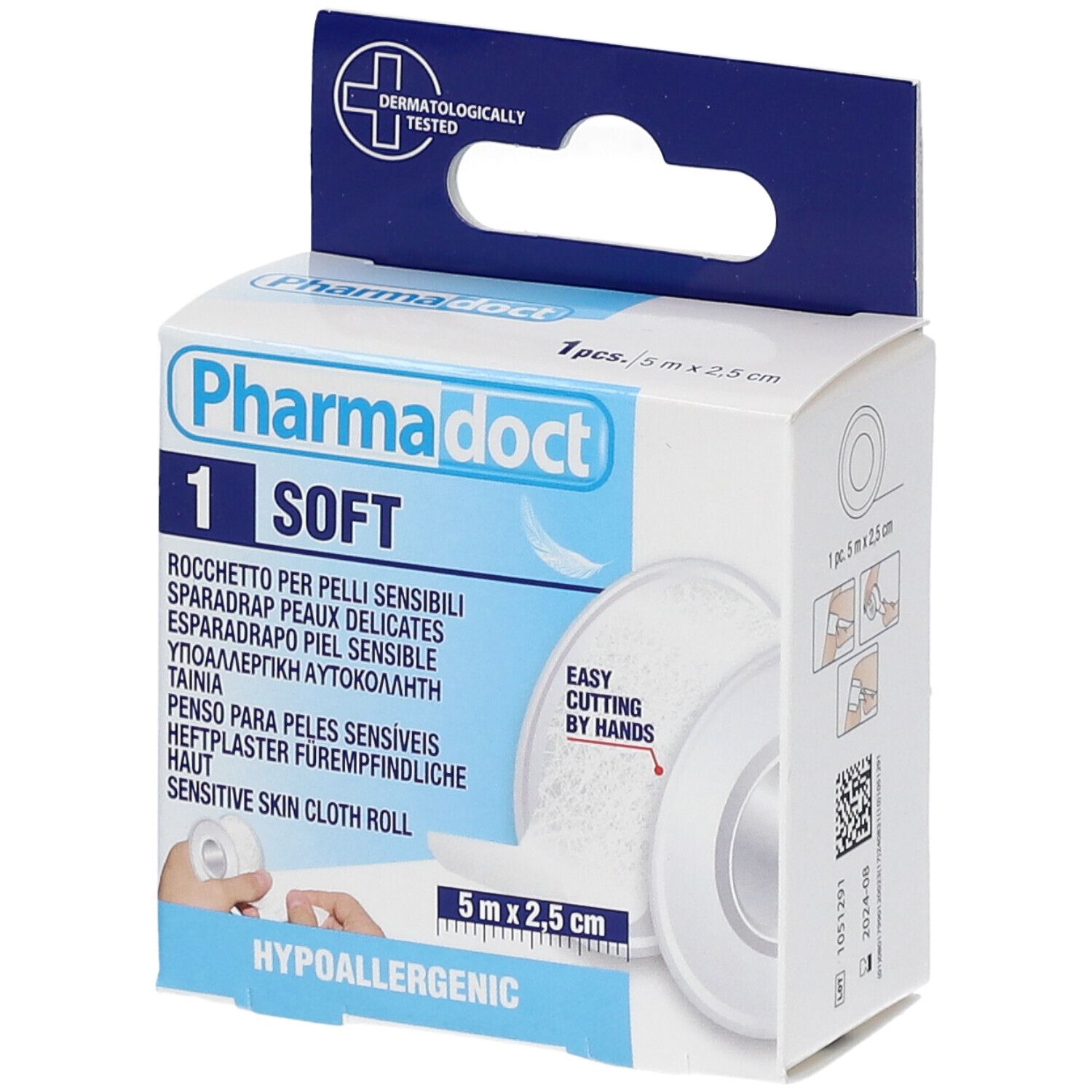 Verpakking van Pharmadoct pleister. Rol, 5 m x 2,5 cm. Hypoallergeen. Dermatologisch getest. Meertalige opschriften.