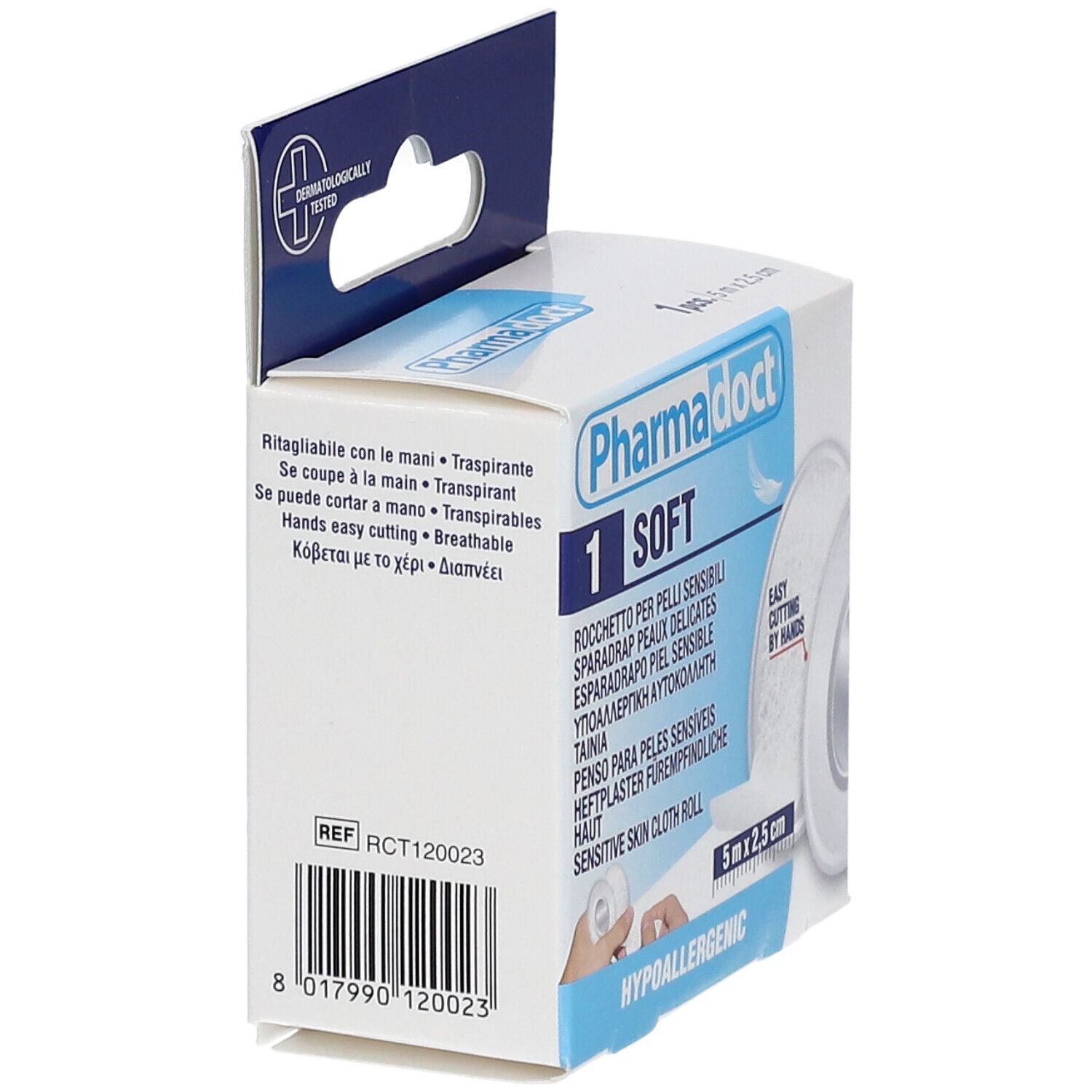 Zijaanzicht van de Pharmadoct pleisterverpakking. Productnaam, afmeting 5 m x 2,5 cm en meertalige teksten zichtbaar.