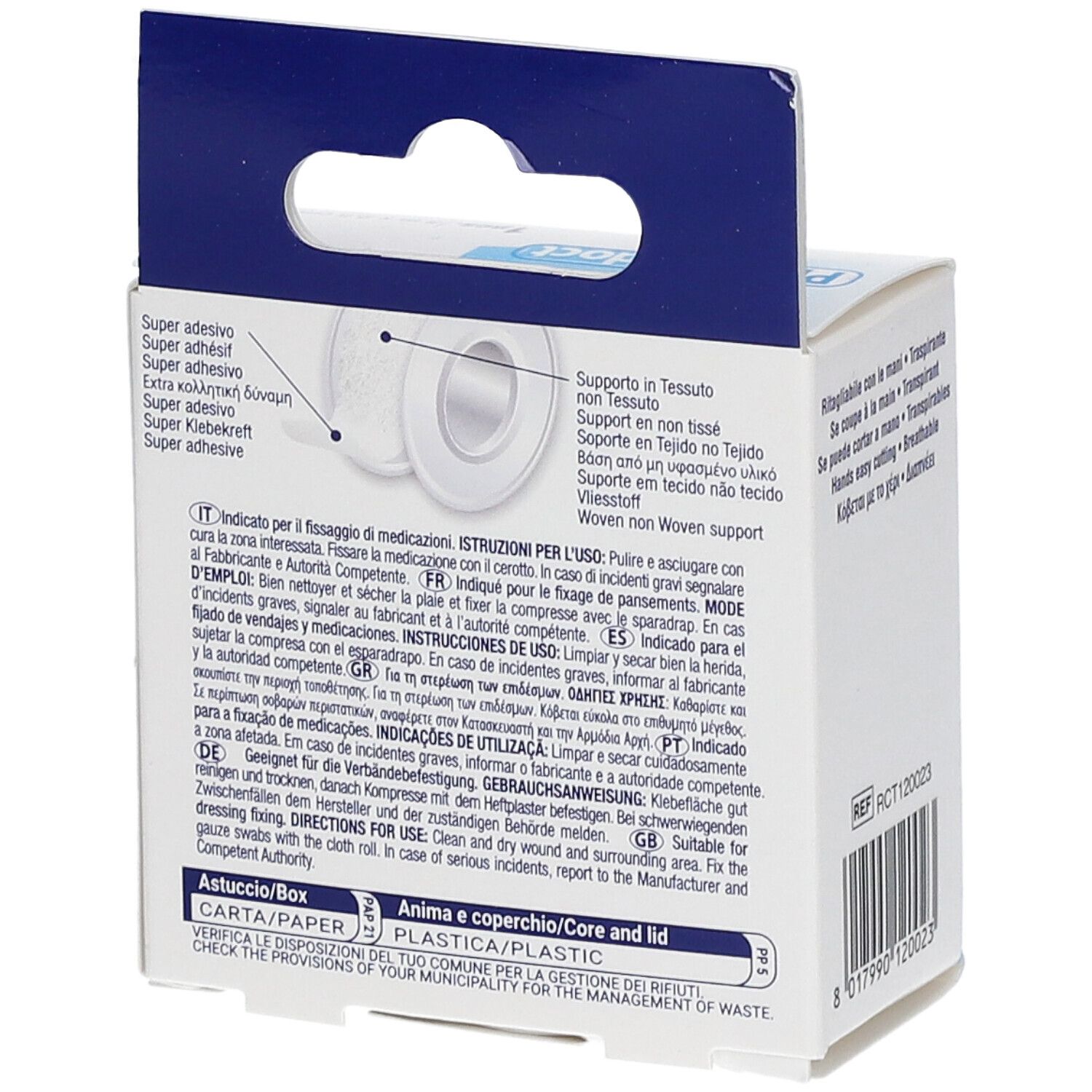 Achterkant van de Pharmadoct pleisterverpakking. Gebruiksinformatie en ingrediënten. Meertalige tekst.