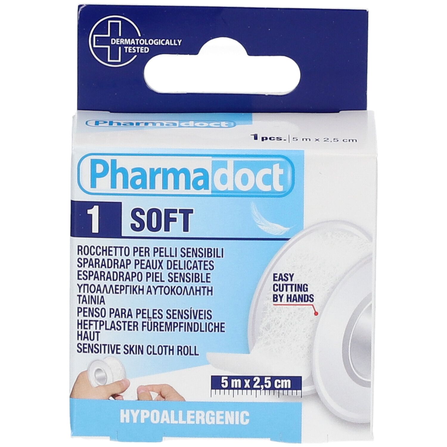 Vooraanzicht van de Pharmadoct pleisterverpakking. Rol, 5 m x 2,5 cm. Hypoallergeen. Dermatologisch getest. Meertalige teksten.