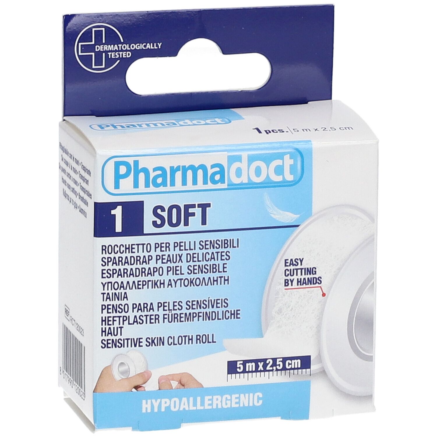 Vooraanzicht van de Pharmadoct pleisterverpakking. Rol, 5 m x 2,5 cm. Hypoallergeen. Dermatologisch getest. Meertalige teksten.