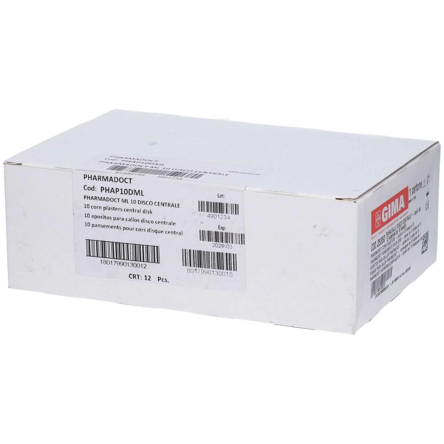 Verpakking met Pharmadoct likdoornpleisters, 10 stuks. Bevat centrale schijven.