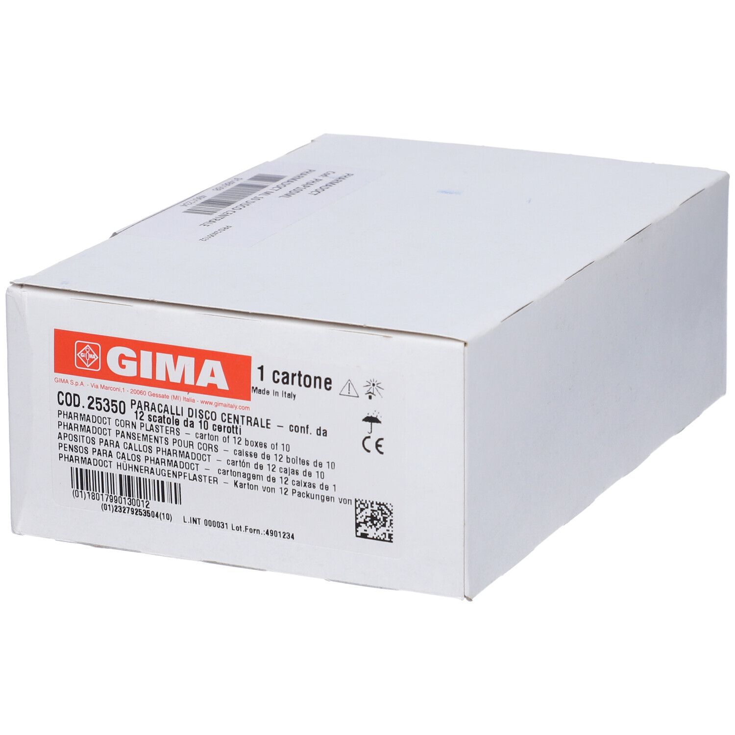 Verpakking met GIMA-logo, bevat 12 Pharmadoct likdoornpleisters met centrale schijf.