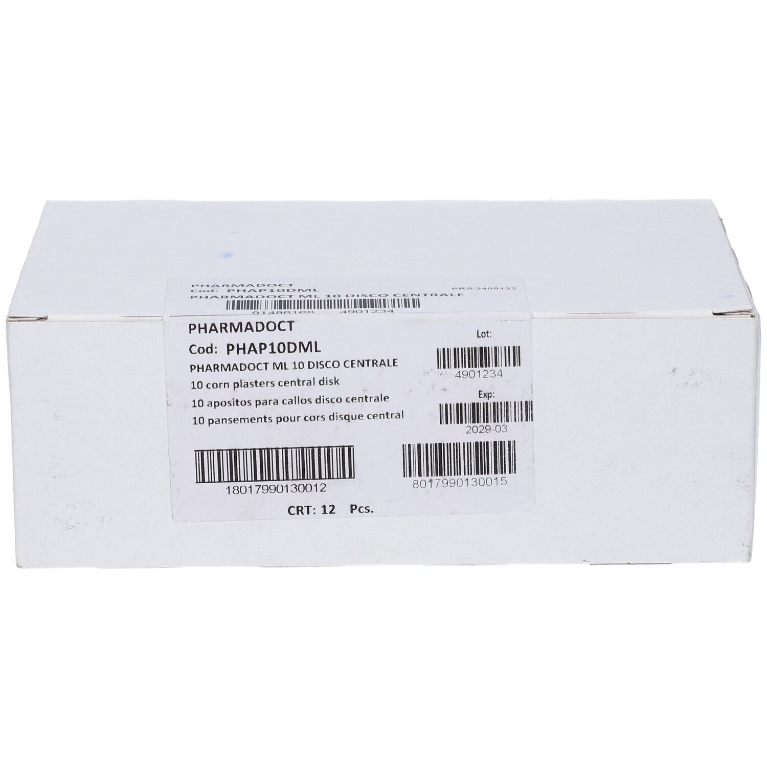 Voorkant van een Pharmadoct likdoornpleisterverpakking, 10 stuks, met barcodes.
