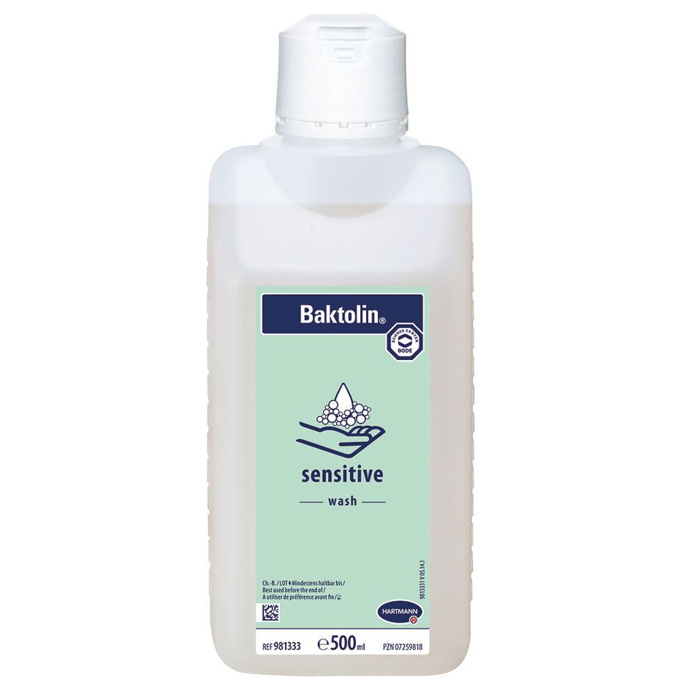 HARTMANN Baktolin® sensitive Waschlotion. Witte fles met groen etiket. Productnaam, logo en informatie.