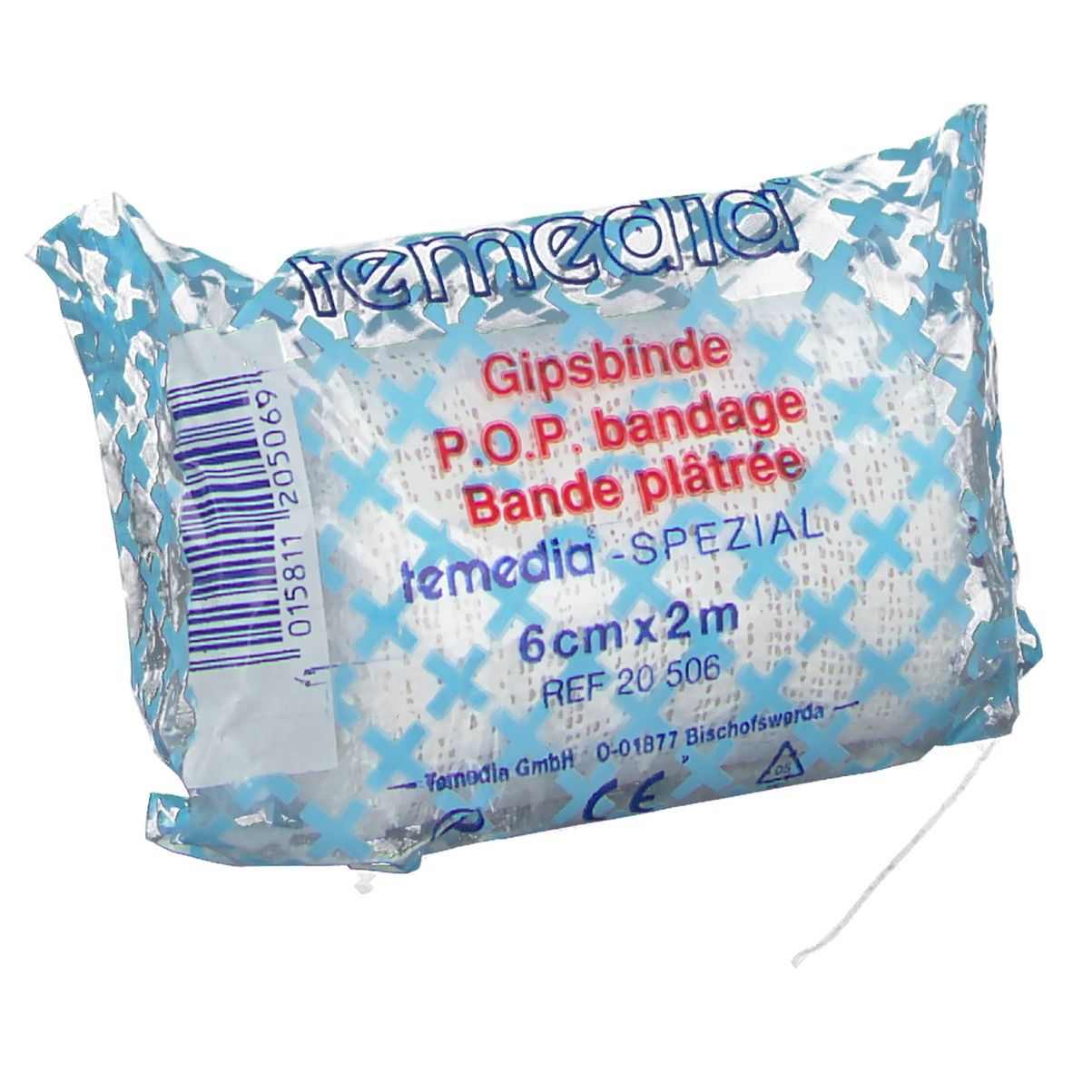 Gipsverband in plastic verpakking. Opschrift: Temedia, Gipsbinde, 6 cm x 2 m. Blauw en witte verpakking.