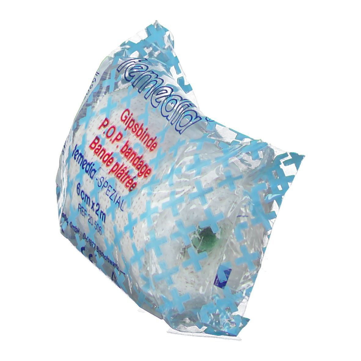 Gipsverband in plastic verpakking. Opschrift: Temedia, Gipsbinde, 6 cm x 2 m. Blauw en witte verpakking.