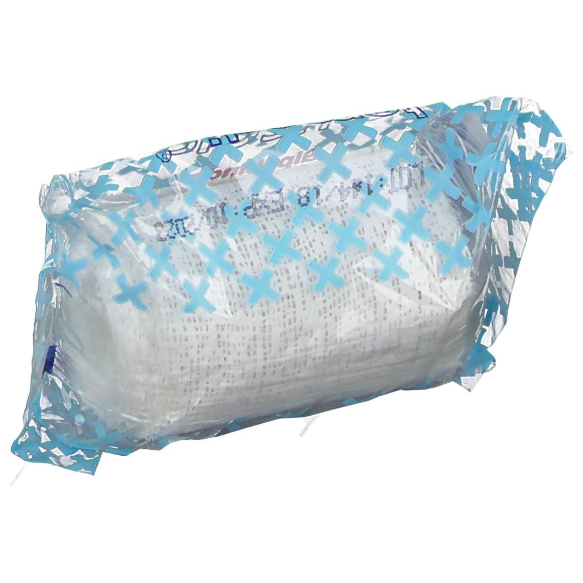 Gipsverband in plastic verpakking. Opschrift: Temedia, Gipsbinde, 6 cm x 2 m. Blauw en witte verpakking.