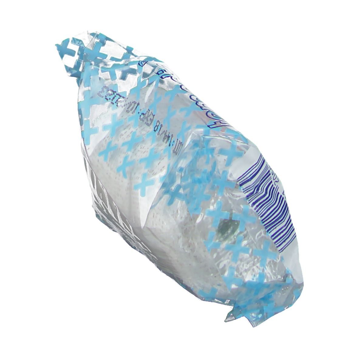 Gipsverband in plastic verpakking. Opschrift: Temedia, Gipsbinde, 6 cm x 2 m. Blauw en witte verpakking.