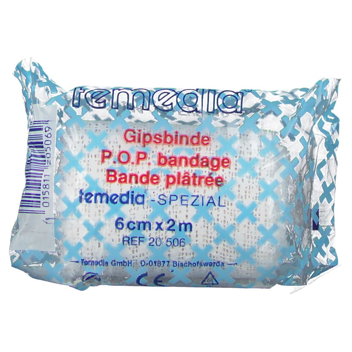 Gipsverband in plastic verpakking. Opschrift: Temedia, Gipsbinde, 6 cm x 2 m. Blauw en witte verpakking.