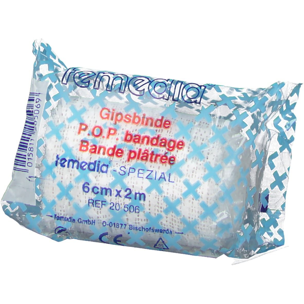 Gipsverband in plastic verpakking. Opschrift: Temedia, Gipsbinde, 6 cm x 2 m. Blauw en witte verpakking.