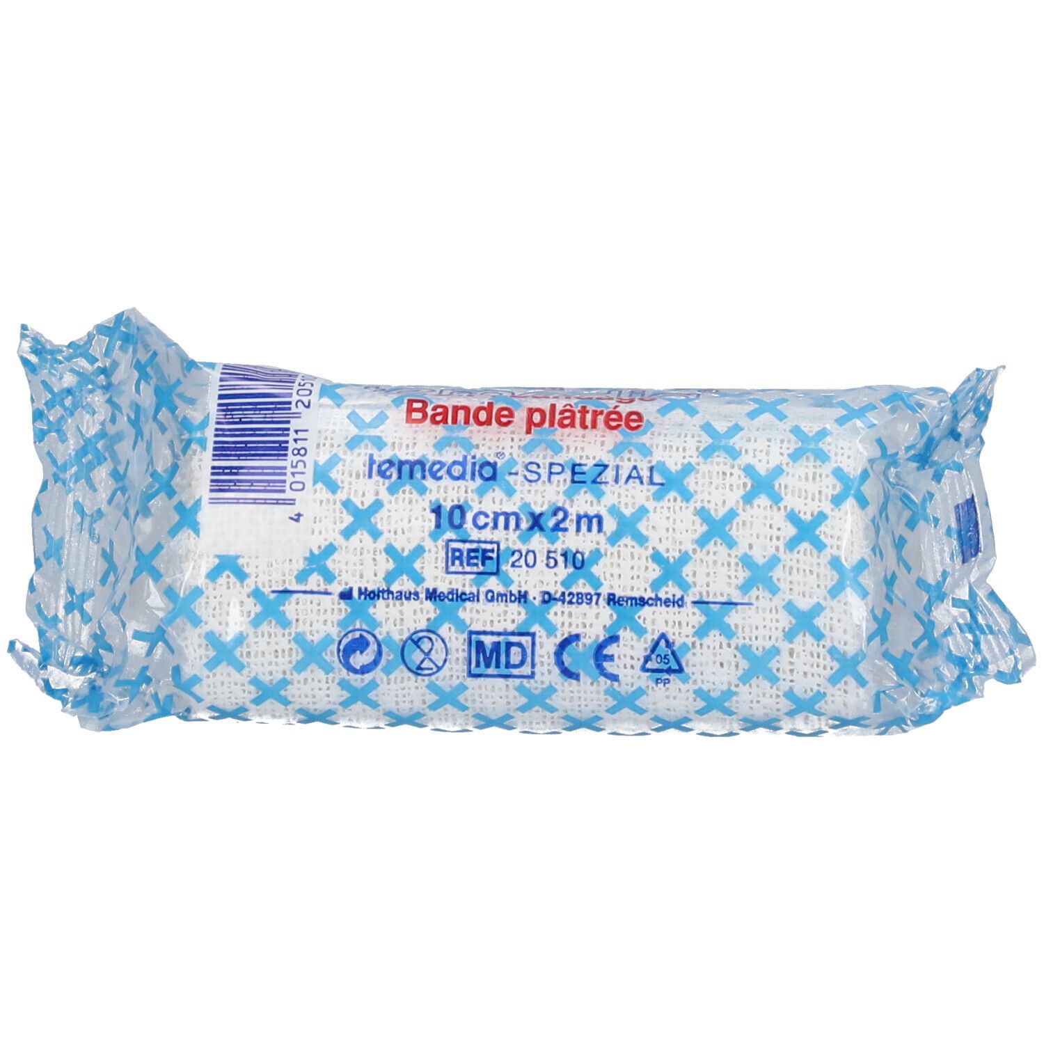 Temedia® Spezial gipsverband, 10 cm x 2 m, in verpakking. Blauwe kruisjes op wit. Productinformatie zichtbaar.