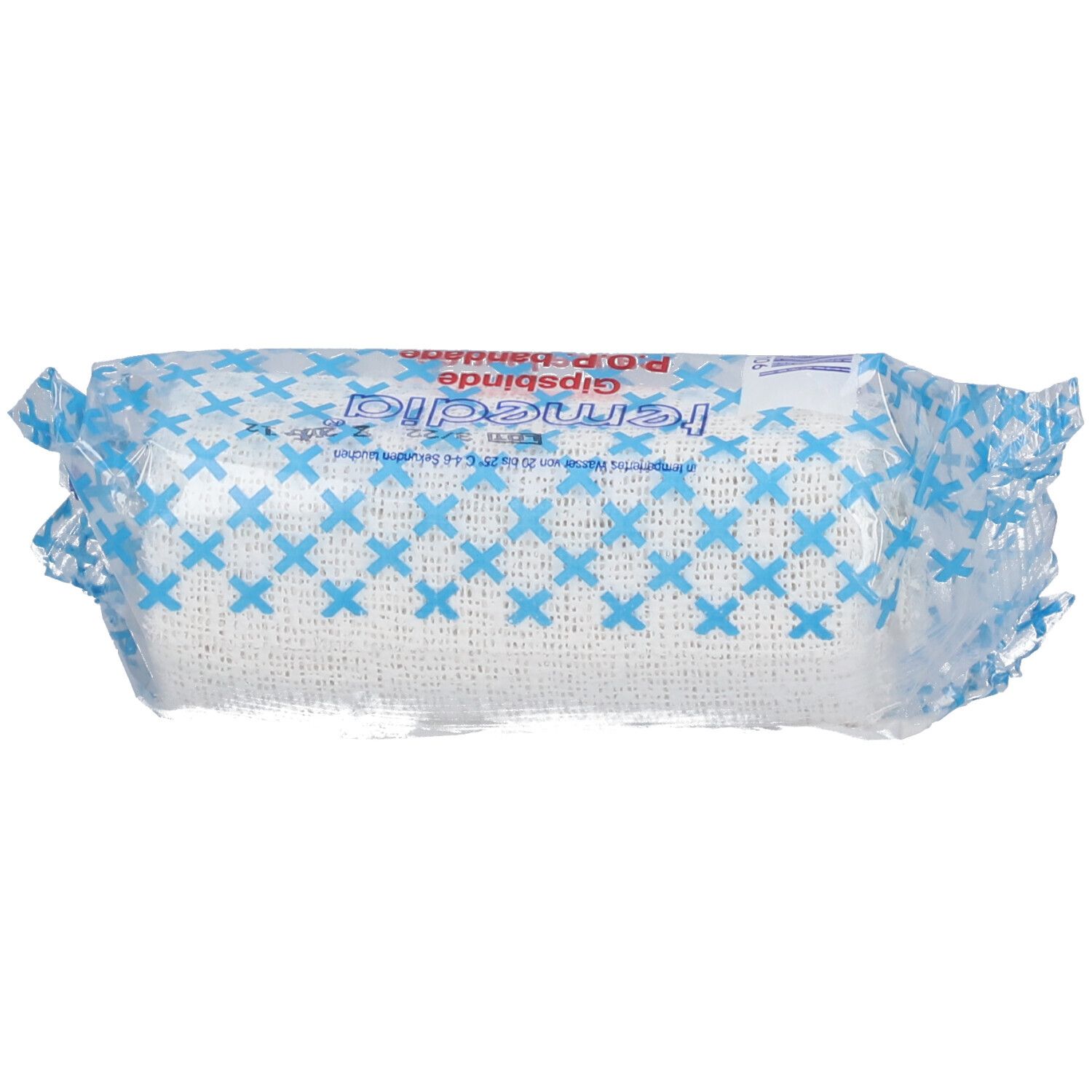 Temedia® Spezial gipsverband, in verpakking. Blauwe kruisjes op wit. Productnaam en andere informatie.