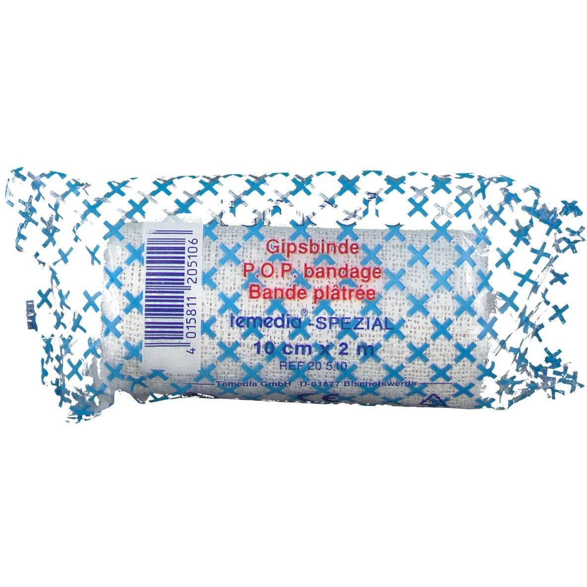 Temedia® Spezial gipsverband, 10 cm x 2 m, in verpakking. Blauwe kruisjes op wit. Productinformatie.