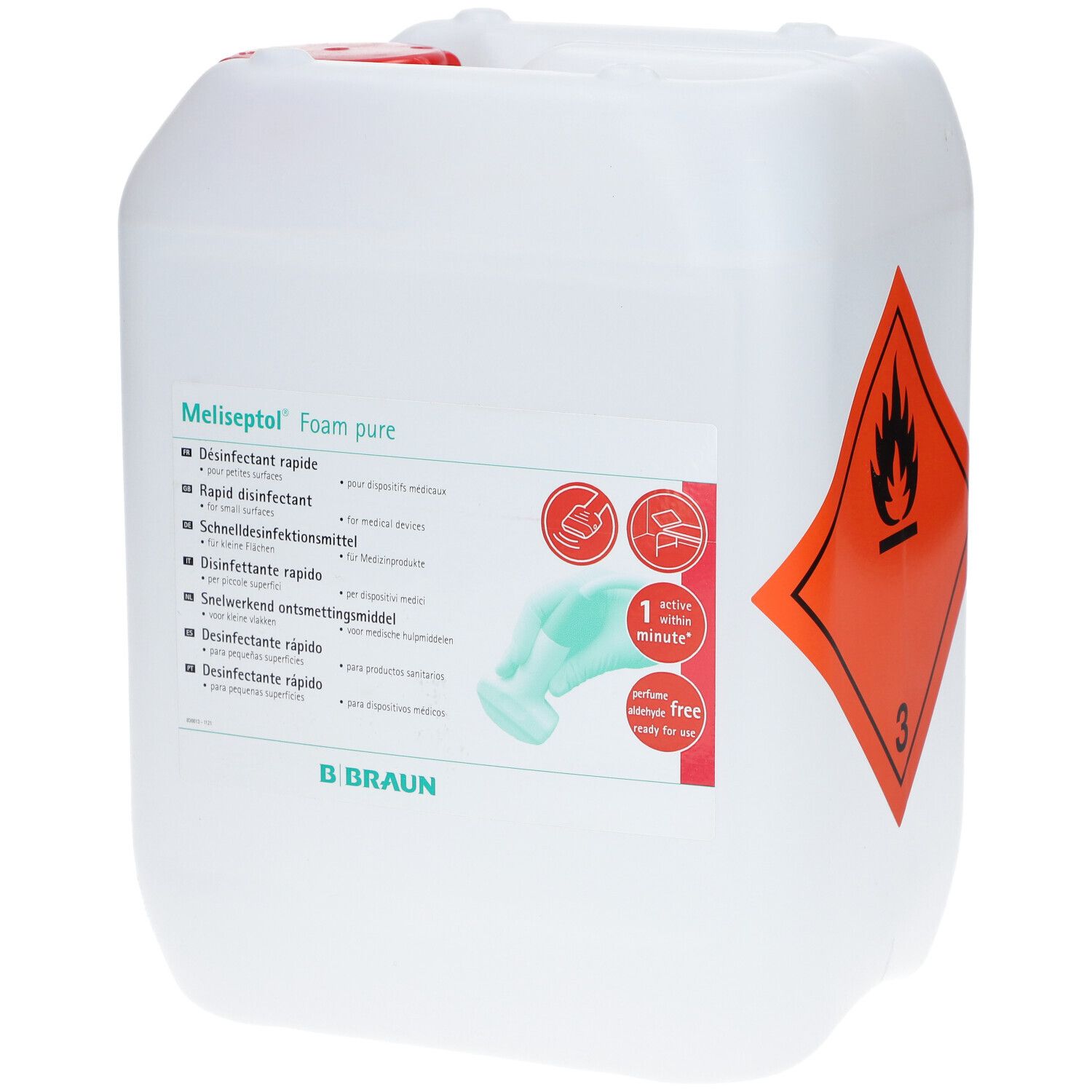 Bidon blanc avec bouchon rouge et étiquette. Inscription : Meliseptol Foam pure. Symbole de danger.